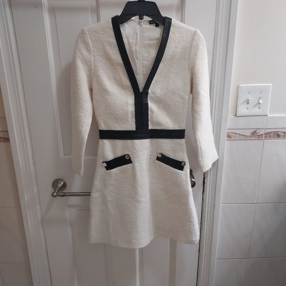 Maje Remma Faux Leather Ecru Tweed Dress